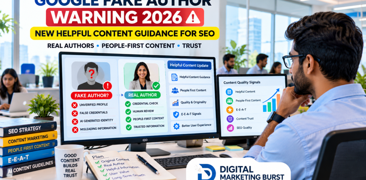 Google Fake Author Warning showing Helpful Content Guidance, Helpful Content Update, People First Content and Fake Author Profiles SEO audit