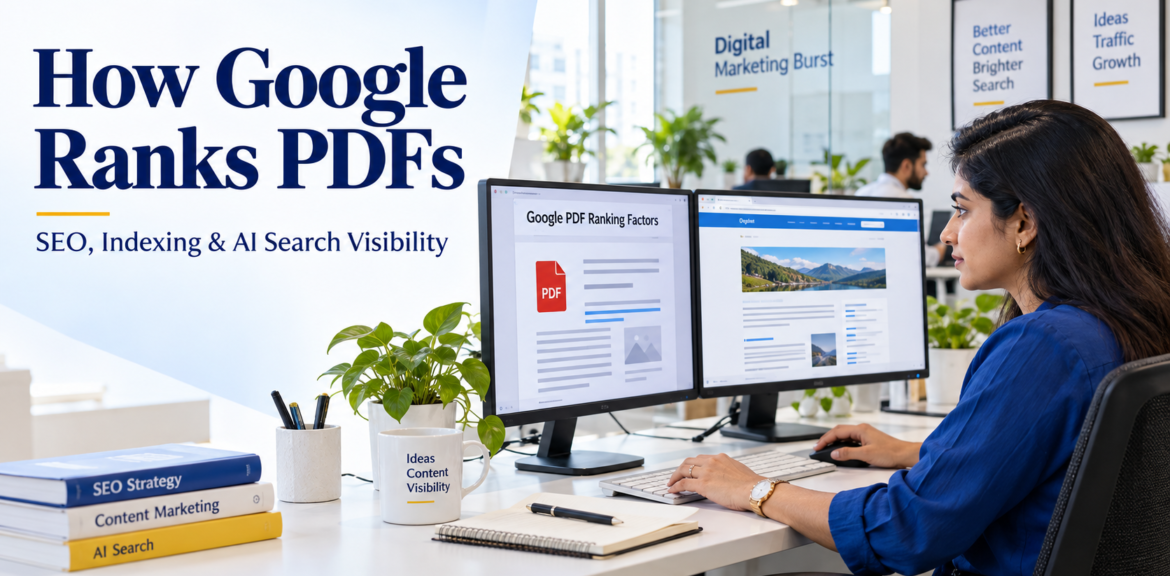 Google PDF Ranking Factors checklist beside a PDF document on an office monitor