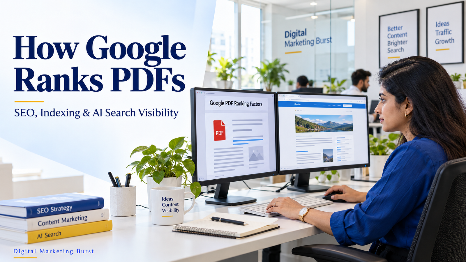 Google PDF Ranking Factors checklist beside a PDF document on an office monitor