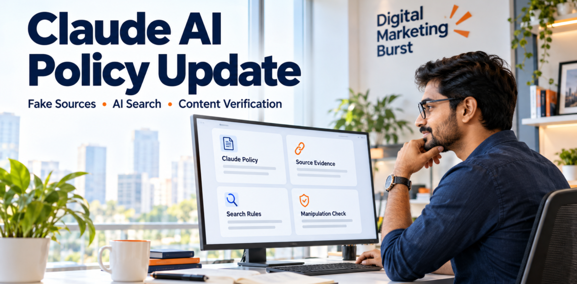 Claude AI Policy Update illustration showing an Indian marketer reviewing Anthropic Claude usage policy, fake sources, AI search rules and source manipulation checks