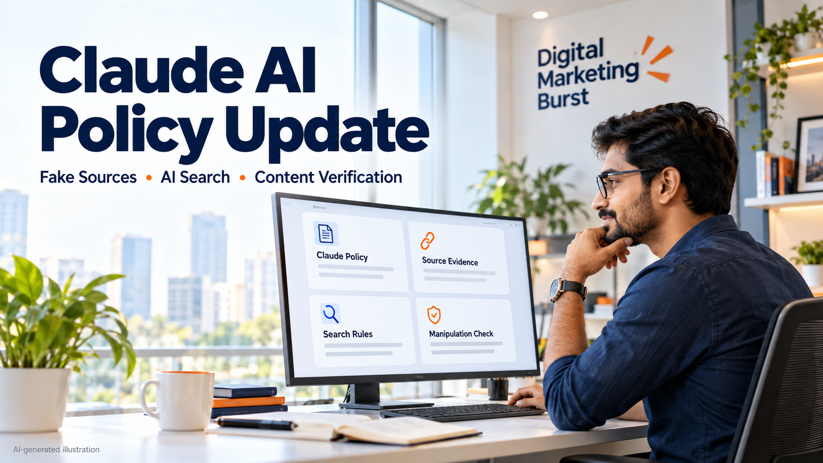 Claude AI Policy Update illustration showing an Indian marketer reviewing Anthropic Claude usage policy, fake sources, AI search rules and source manipulation checks
