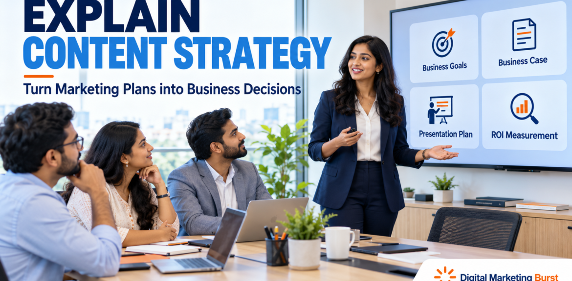 Content strategy stakeholder communication meeting showing business goals, a marketing business case, presentation template and ROI measurement