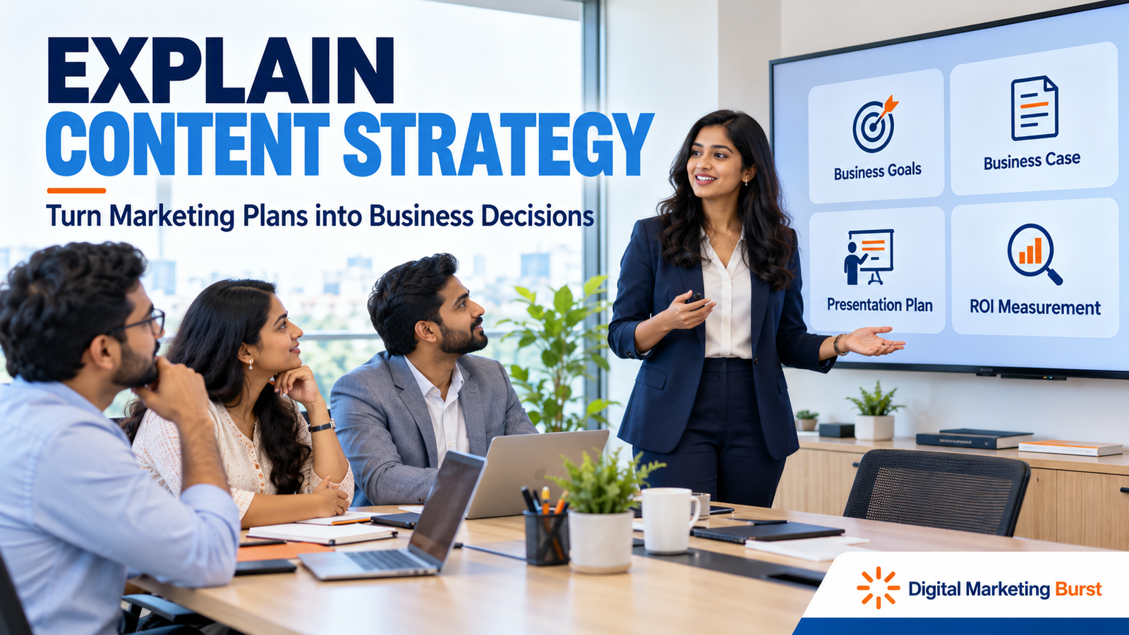  Content strategy stakeholder communication meeting showing business goals, a marketing business case, presentation template and ROI measurement