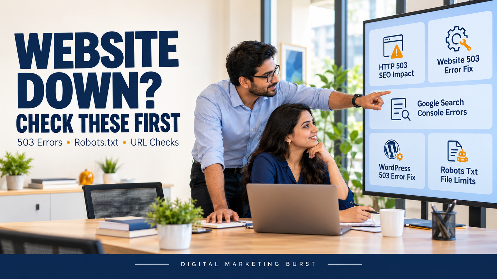 Website team reviewing HTTP 503 SEO impact, a WordPress 503 error fix, Google Search Console errors and robots.txt file limits