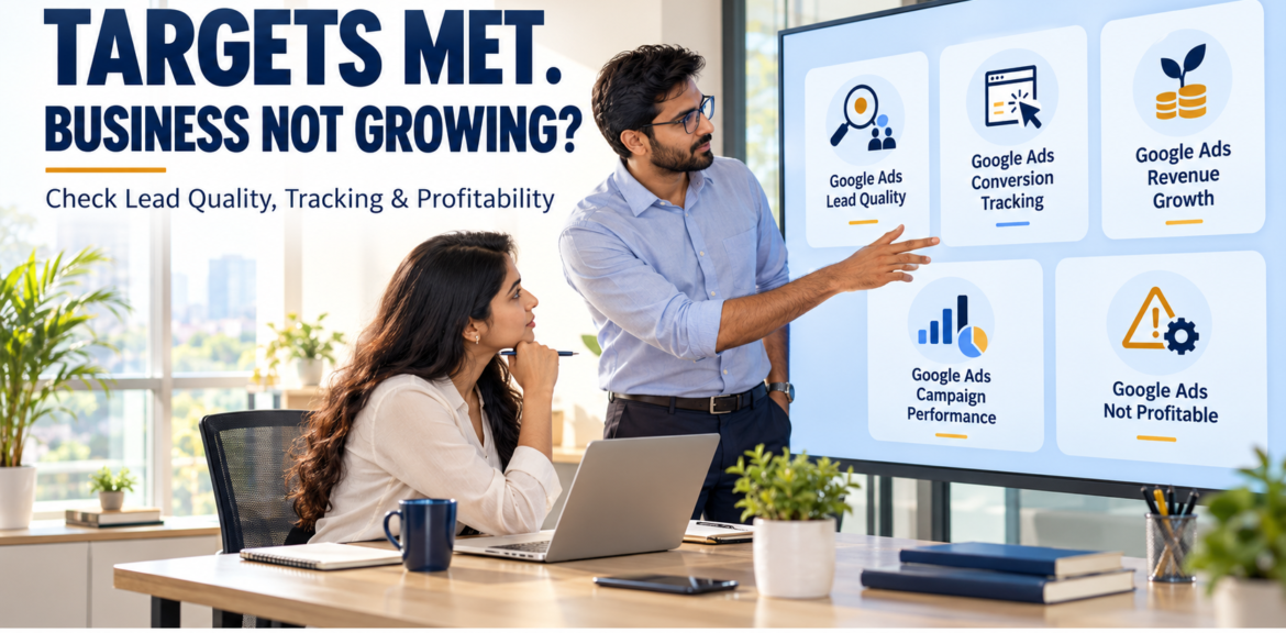 Business owner reviewing Google Ads lead quality, conversion tracking, revenue growth, campaign performance and an unprofitable ads campaign with a marketer