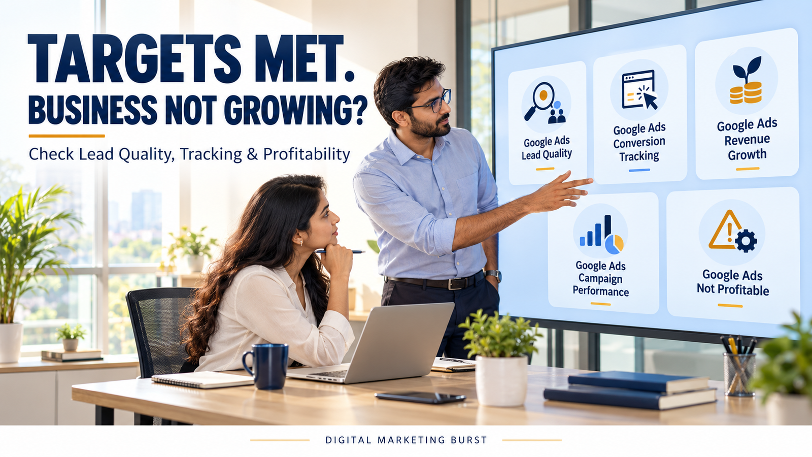 Business owner reviewing Google Ads lead quality, conversion tracking, revenue growth, campaign performance and an unprofitable ads campaign with a marketer