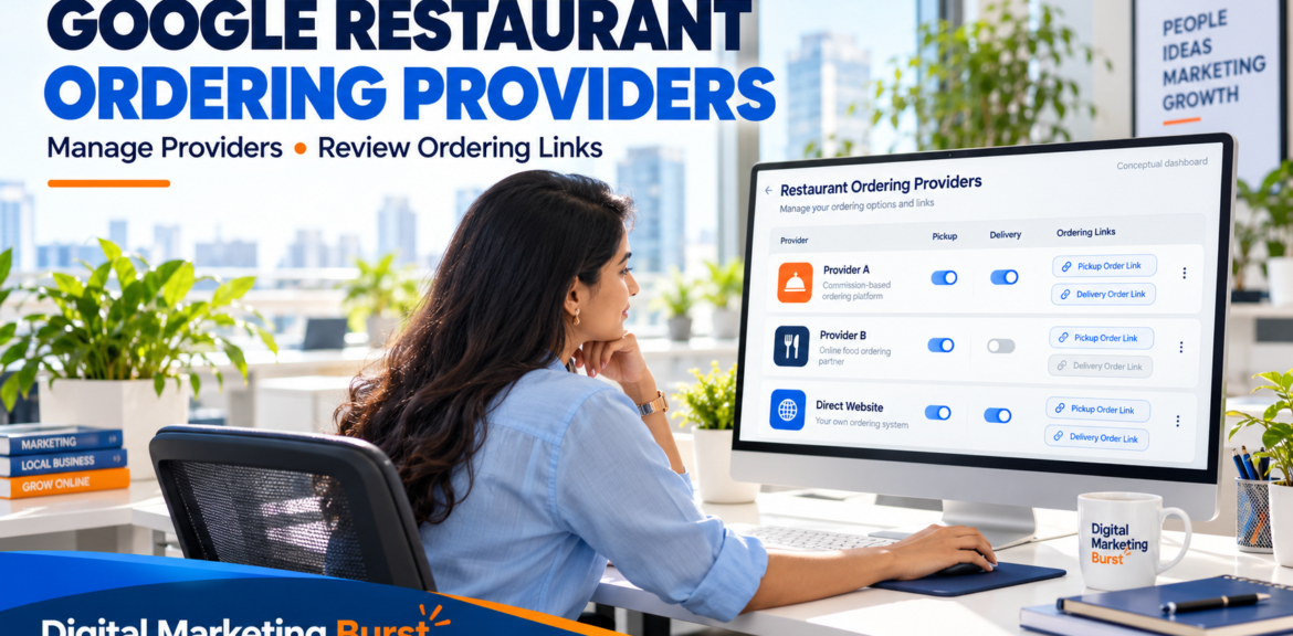 Marketer reviewing Google restaurant ordering providers, settings and links in a conceptual office dashboard
