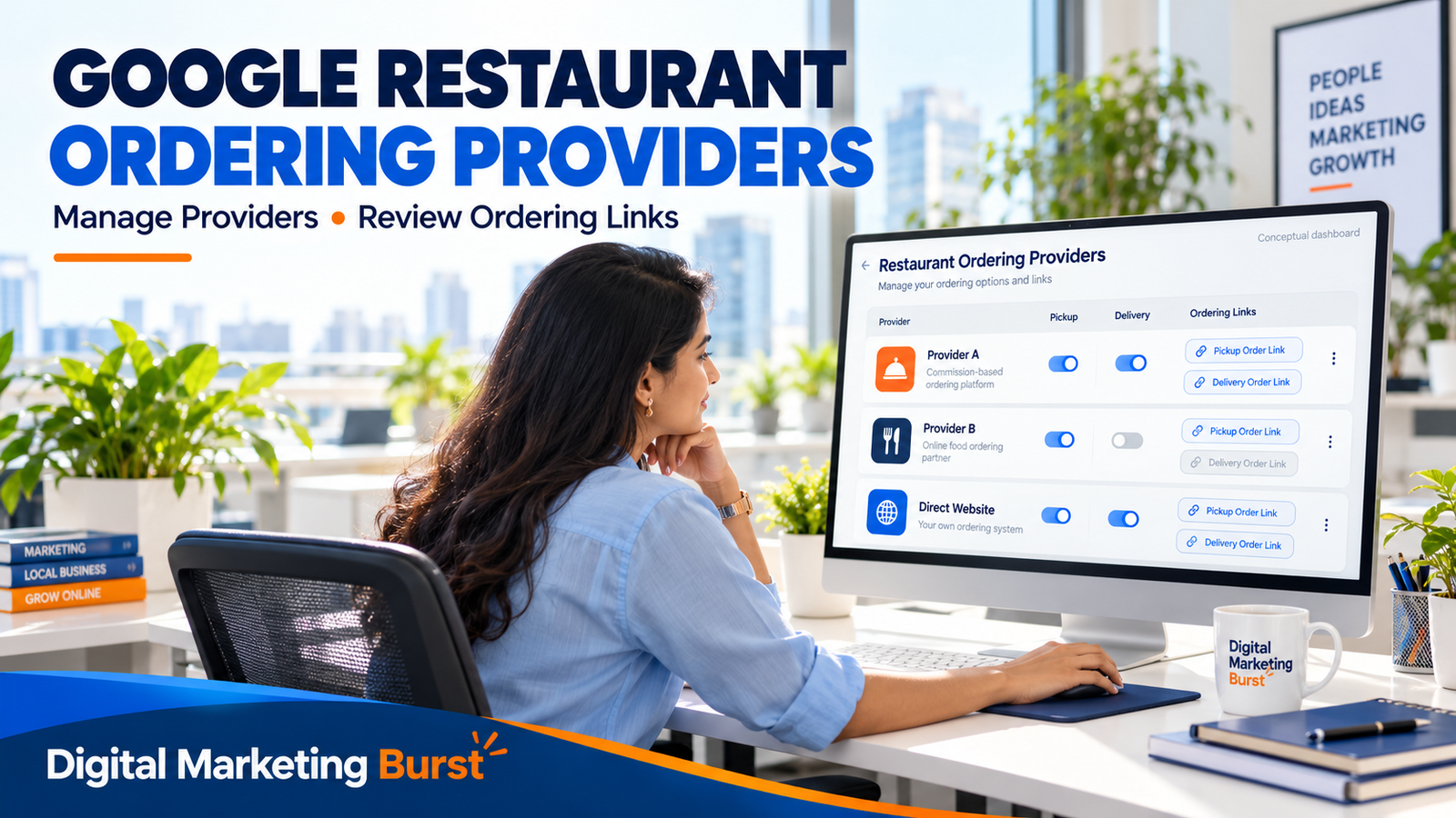 Google Restaurant Ordering Providers: Settings & Links — Digital Marketing Burst Marketer reviewing Google restaurant ordering providers, settings and links in a conceptual office dashboard