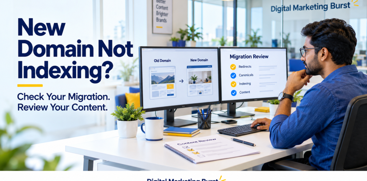 SEO professional reviewing website migration indexing issues with a new-domain checklist and content quality notes