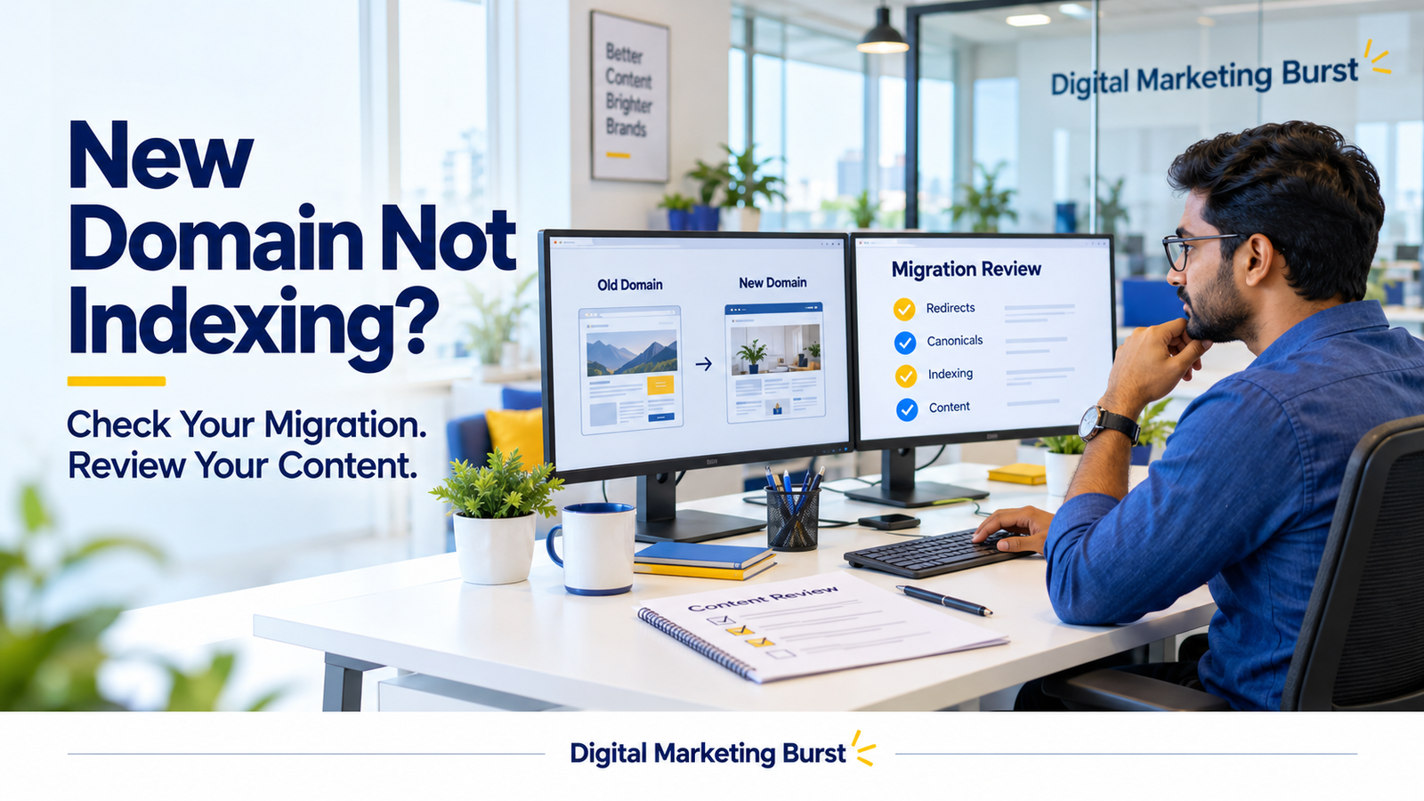 SEO professional reviewing website migration indexing issues with a new-domain checklist and content quality notes