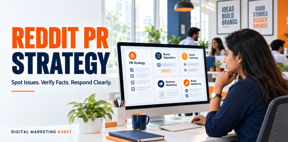 Communications professional reviewing Reddit public relations strategy, brand reputation management, social listening strategy, marketing for businesses and brand monitoring tools on office screens.