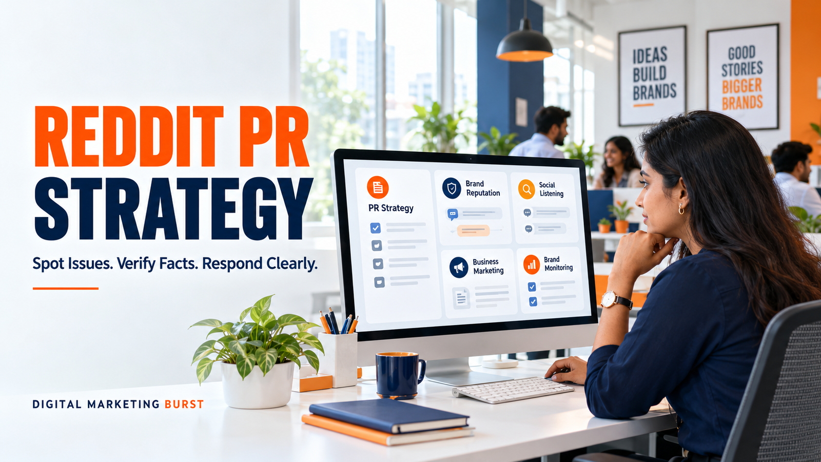 Communications professional reviewing Reddit public relations strategy, brand reputation management, social listening strategy, marketing for businesses and brand monitoring tools on office screens.