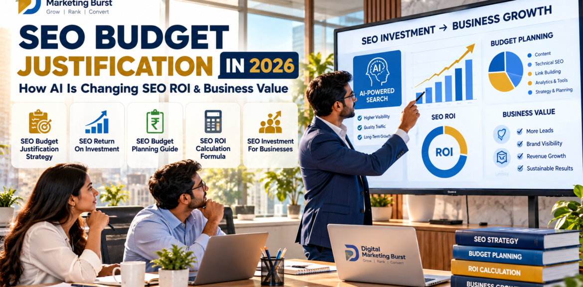 SEO Budget Justification Strategy dashboard showing SEO Return On Investment, SEO Budget Planning Guide, SEO ROI Calculation Formula and SEO Investment For Businesses in a modern office.