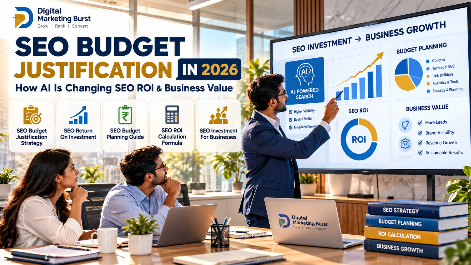 SEO Budget Justification Strategy dashboard showing SEO Return On Investment, SEO Budget Planning Guide, SEO ROI Calculation Formula and SEO Investment For Businesses in a modern office.