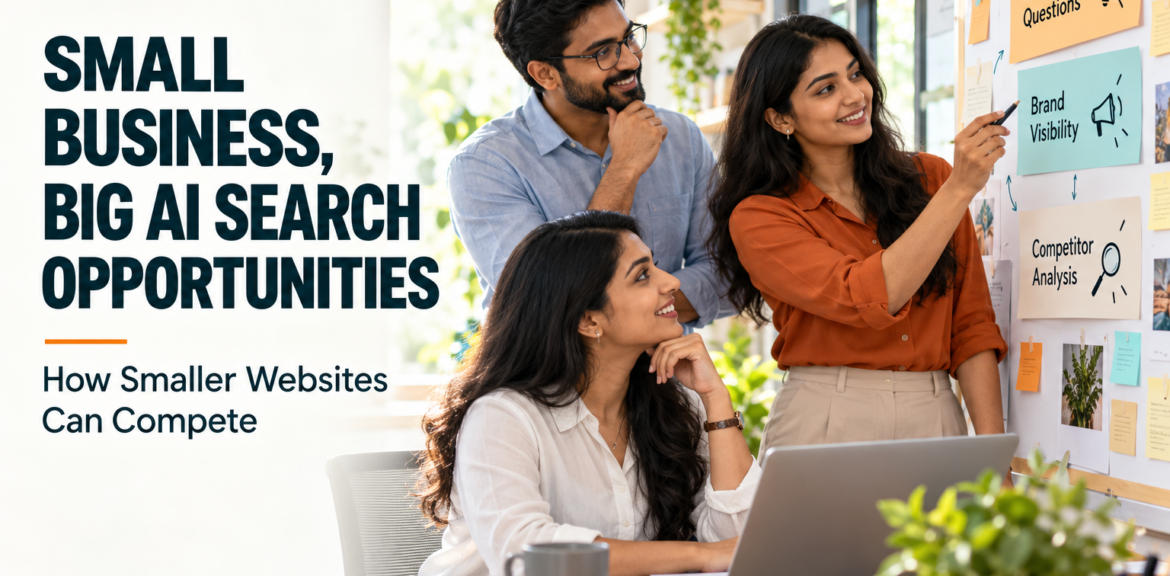Small Business AI SEO team reviewing an AI search visibility strategy, brand visibility and competitor analysis in a bright office.