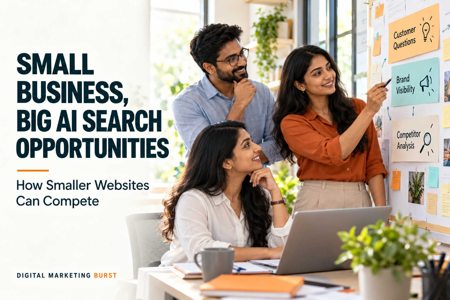 Small Business AI SEO team reviewing an AI search visibility strategy, brand visibility and competitor analysis in a bright office.