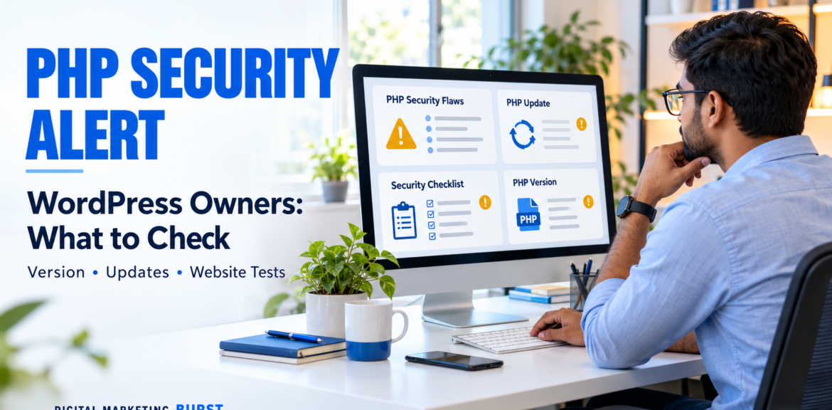 WordPress administrator reviewing PHP security vulnerabilities, critical PHP security flaws, a WordPress PHP security update, a PHP website security checklist and where to check WordPress PHP version.