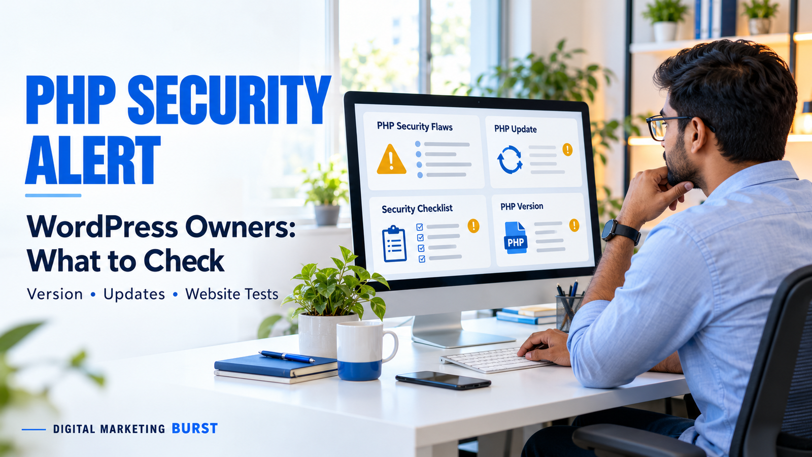 WordPress administrator reviewing PHP security vulnerabilities, critical PHP security flaws, a WordPress PHP security update, a PHP website security checklist and where to check WordPress PHP version.