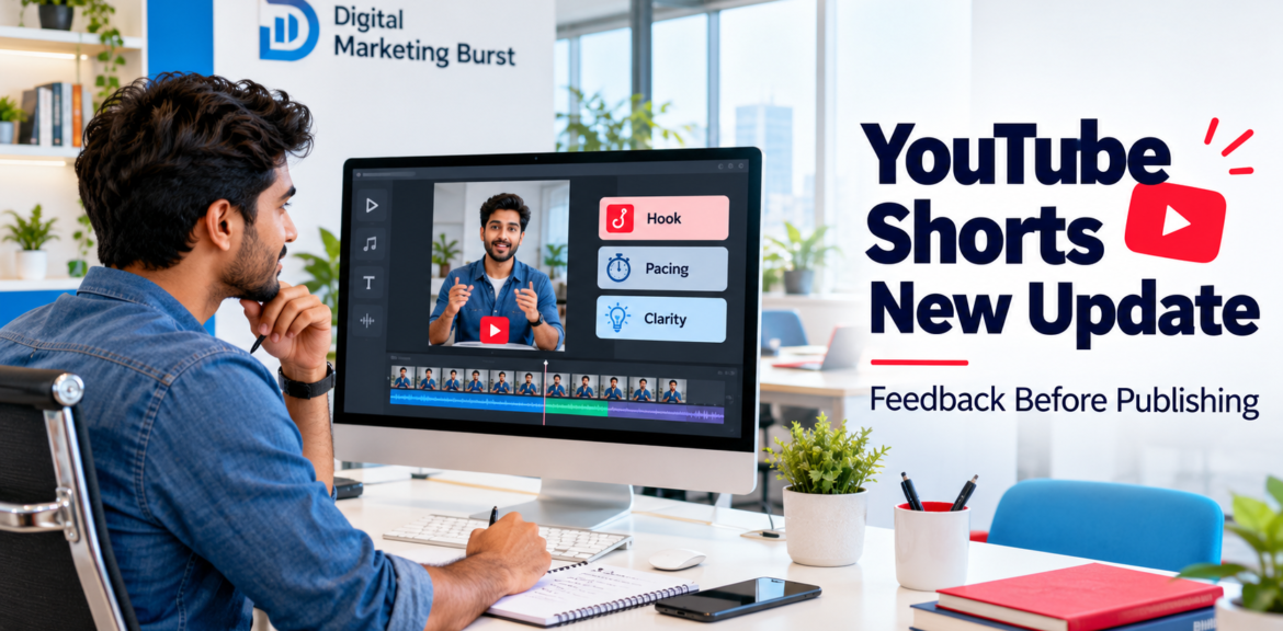 YouTube Shorts new update illustrated by a creator reviewing video feedback in a bright Digital Marketing Burst office