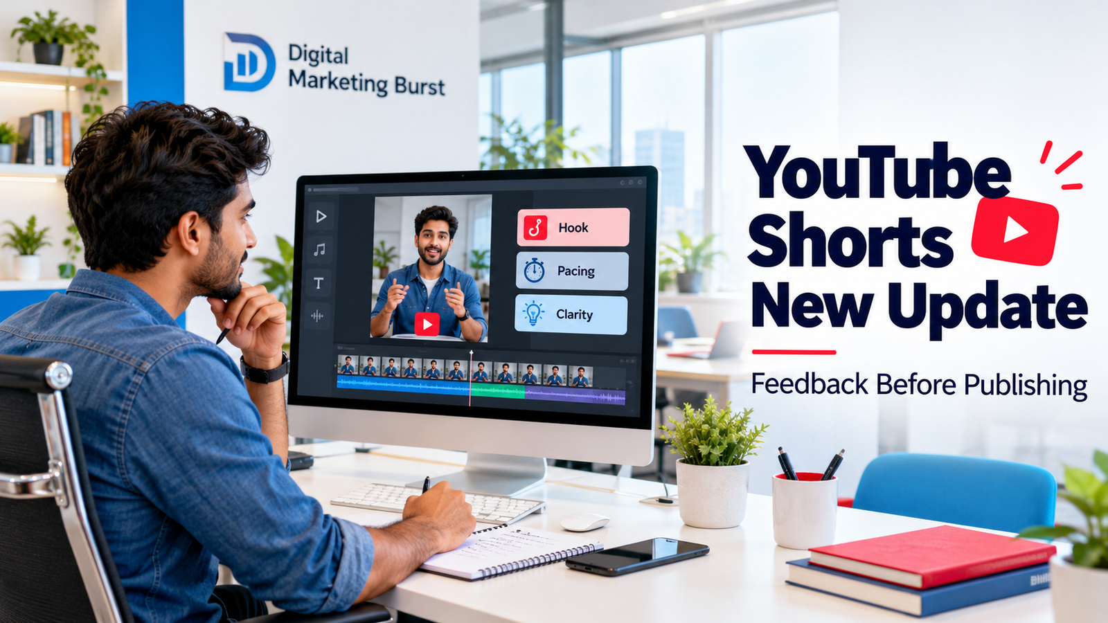 YouTube Shorts new update illustrated by a creator reviewing video feedback in a bright Digital Marketing Burst office